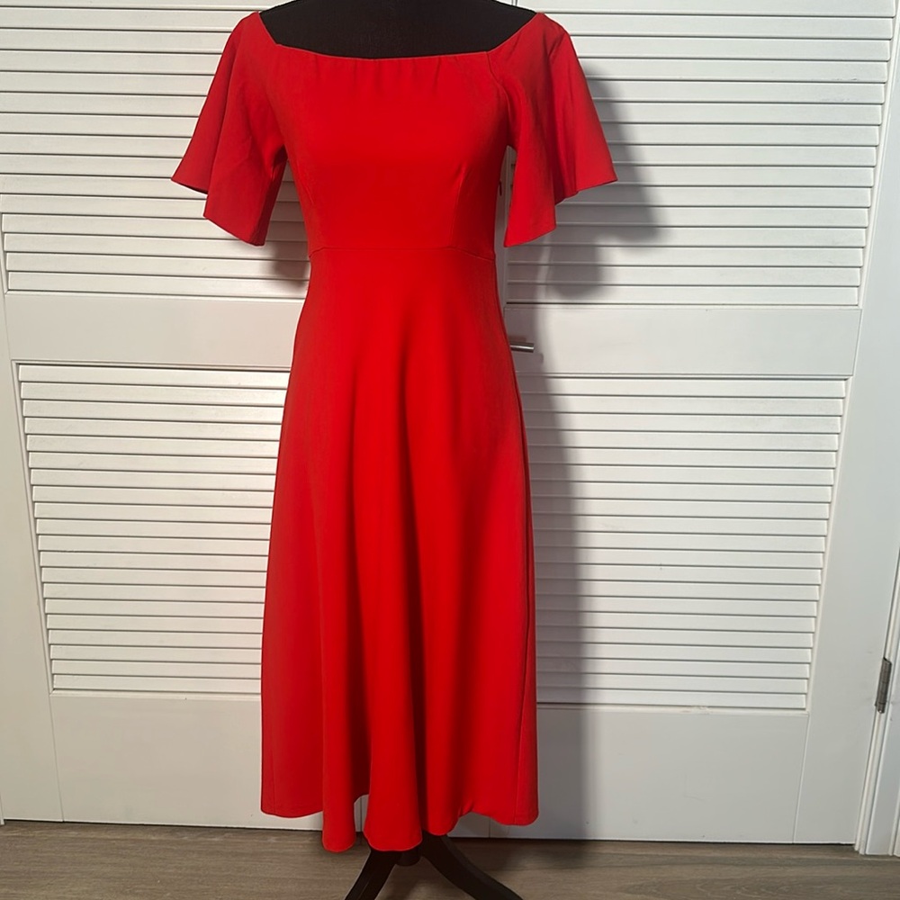 Zara Woman Red Midi Dress – Off-Shoulder, Butterfly Sleeves, Size Small